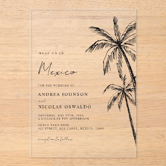 Palm Tree Sketch Reizen Strand Bestemming Trouwen Acryl Uitnodigingen (Voorkant)