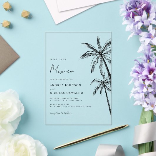 Palm Tree Sketch Reizen Strand Bestemming Trouwen Acryl Uitnodigingen (Insitu (Huwelijk))