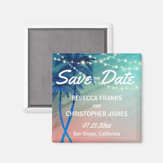 Palm Tree Sla de datum magneten op | Blauwgroen bl (Voorkant / Achterkant)