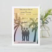 Palm Tree String Lights Two Groom Gay Wedding Kaart (Staand voorkant)