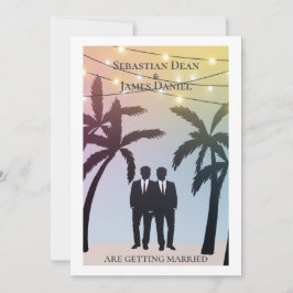 Palm Tree String Lights Two Groom Gay Wedding Kaart