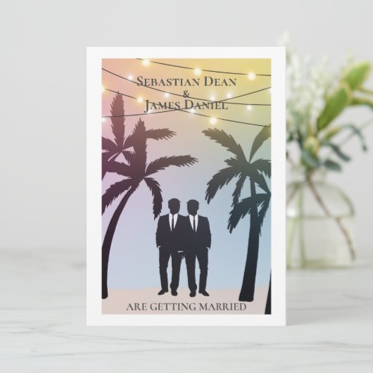 Palm Tree String Lights Two Groom Gay Wedding Kaart (Staand voorkant)