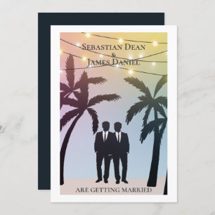 Palm Tree String Lights Two Groom Gay Wedding Kaart