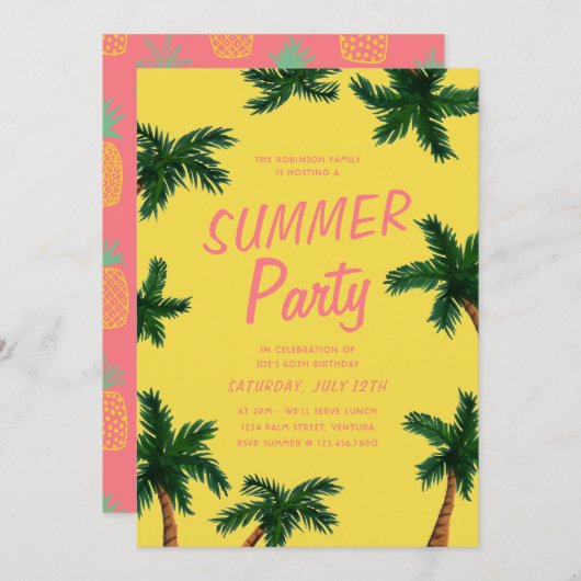 Palm Tree Summer Party-uitnodiging Kaart (Voorkant / Achterkant)