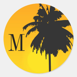 Palm Tree Sunset Bruiloft Stickers met Monogram