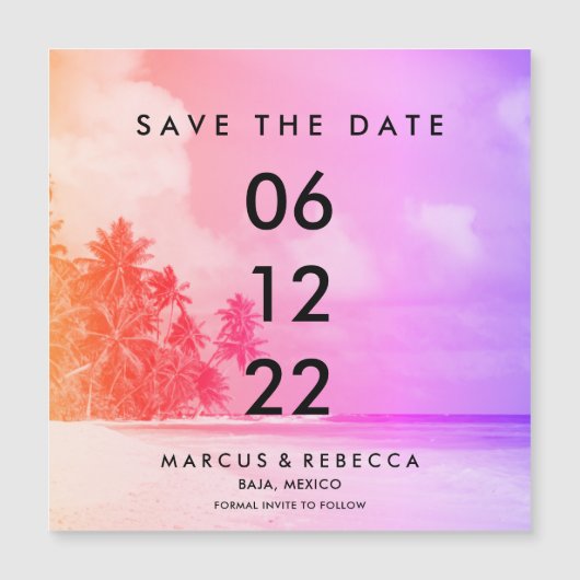Palm Tree Sunset Roze Strand Huwelijk Save Datum M (Voorkant)
