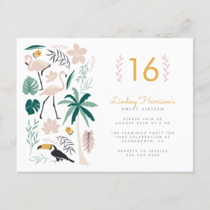Palm Tree Toucan Pink Flamingo & Monstera Sweet 16 Uitnodiging Briefkaart