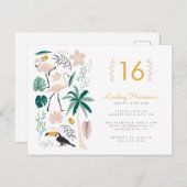 Palm Tree Toucan Pink Flamingo & Monstera Sweet 16 Uitnodiging Briefkaart (Voorkant / Achterkant)