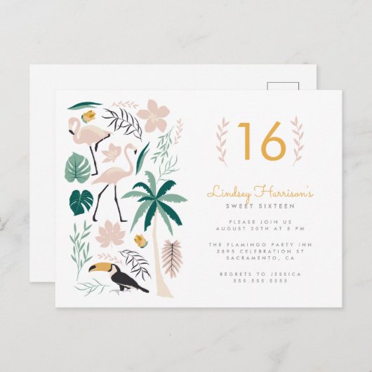 Palm Tree Toucan Pink Flamingo & Monstera Sweet 16 Uitnodiging Briefkaart (Voorkant / Achterkant)
