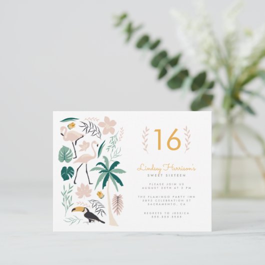 Palm Tree Toucan Pink Flamingo & Monstera Sweet 16 Uitnodiging Briefkaart (Staand voorkant)