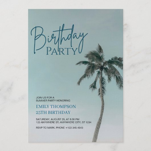 Palm Tree Tropical Beach Birthday Party  Kaart (Voorkant)