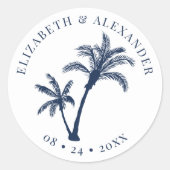 Palm Tree Tropical Beach Bruiloft Marine Blauw Ronde Sticker (Voorkant)