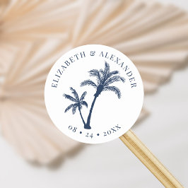 Palm Tree Tropical Beach Bruiloft Marine Blauw Ronde Sticker