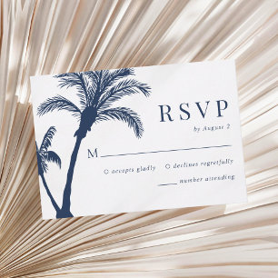 Palm Tree Tropical Beach Navy Blue Bruiloft RSVP Kaartje