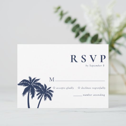 Palm Tree Tropical Beach Navy Bruiloft RSVP Kaart (Staand voorkant)