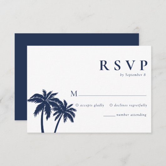 Palm Tree Tropical Beach Navy Bruiloft RSVP Kaart (Voorkant / Achterkant)