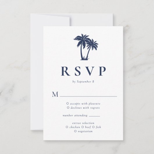 Palm Tree Tropical Beach Navy RSVP Kaartje (Voorkant)