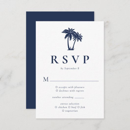 Palm Tree Tropical Beach Navy RSVP Kaartje (Voorkant / Achterkant)
