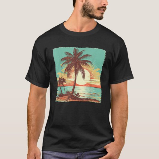 Palm Tree Tropical Beach  Retro Style 70s 8 T-shirt (Voorkant)