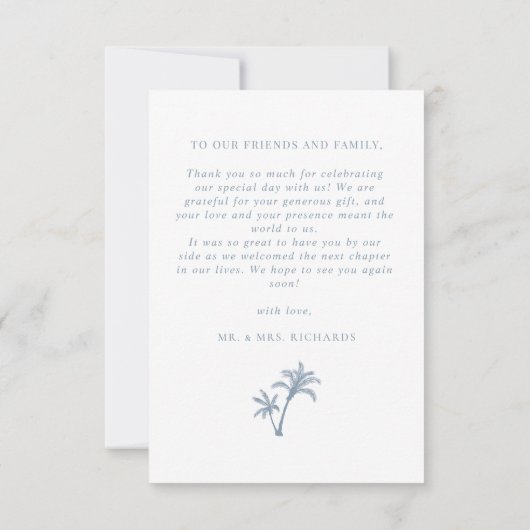 Palm Tree Tropical Beach Stoffig Blauw Bruiloft Bedankkaart (Achterkant)