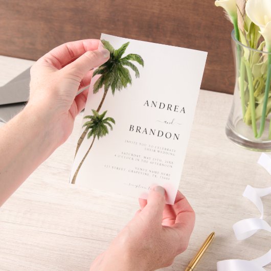 Palm Tree Tropical Destination Wedding Vellum Uitnodigingen (Draagbaar)