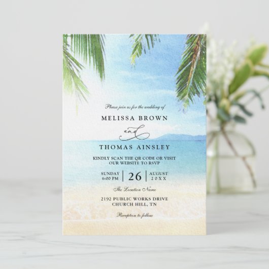 Palm Tree Tropical Island Beach QR Code Wedding Kaart (Staand voorkant)