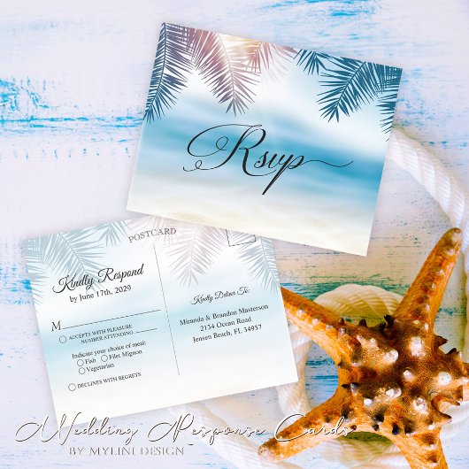 Palm Tree Tropical Island Beach Wedding RSVP-kaart Briefkaart