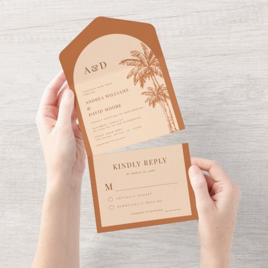 Palm Tree Tropische terracotta & crème Boho bruilo All In One Uitnodiging (Afscheurbaar)