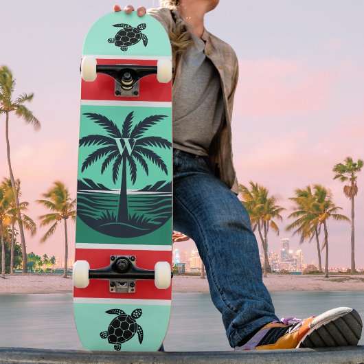 Palm Tree Turtle Silhouette Red Green Initial Persoonlijk Skateboard