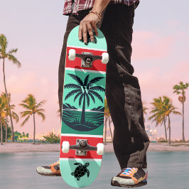 Palm Tree Turtle Silhouette Red Green Initial Persoonlijk Skateboard