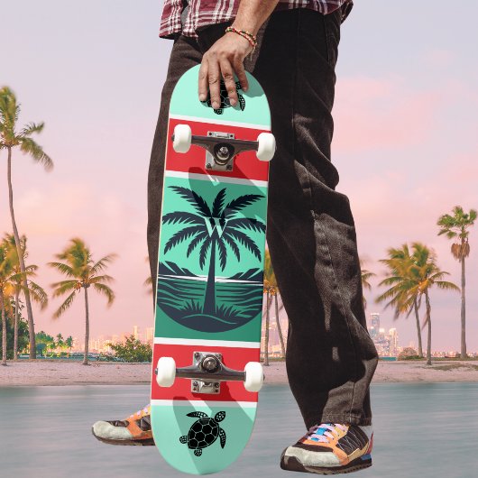 Palm Tree Turtle Silhouette Red Green Initial Persoonlijk Skateboard