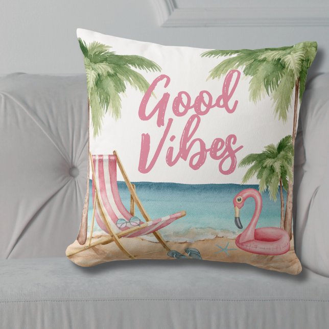 Palm Tree Waterverf Beach Kussen (Colorful Good Vibes Palm Tree Watercolor Beach Throw Pillow)