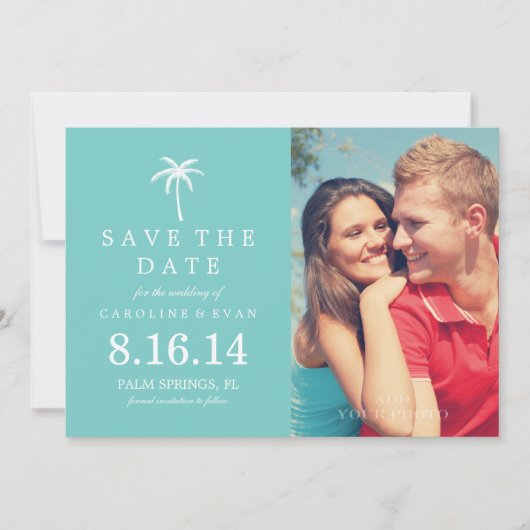 Palm Tree Weddenschap Save the Date {aqua} (Voorkant)
