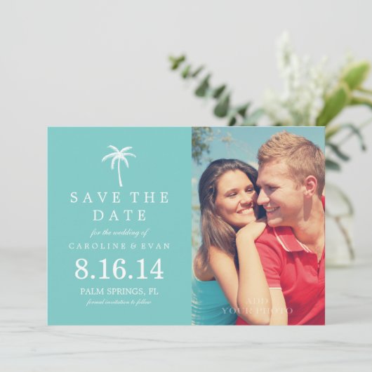 Palm Tree Weddenschap Save the Date {aqua} (Staand voorkant)