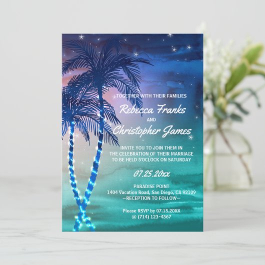 Palm Tree Wedding Invitations | Tropische Sjablone Kaart (Staand voorkant)