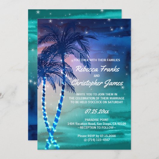 Palm Tree Wedding Invitations | Tropische Sjablone Kaart (Voorkant / Achterkant)