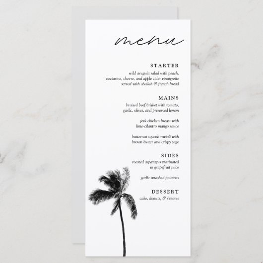 Palm Tree Zwart & Wit Modern bruiloft diner Menu (Voorkant / Achterkant)