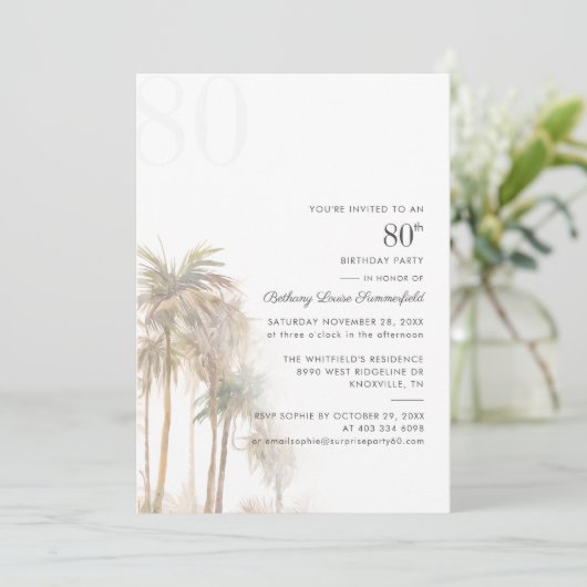 Palm Trees 80th Birthday Party Waterverf Kaart (Staand voorkant)
