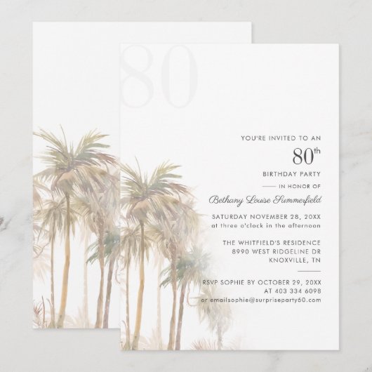 Palm Trees 80th Birthday Party Waterverf Kaart (Voorkant / Achterkant)