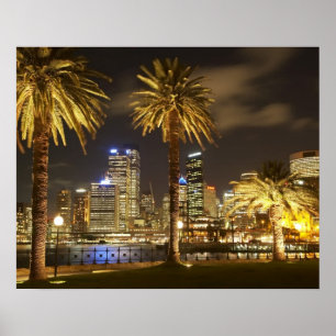 Palm Trees and CBD at Night, Sydney, New South Poster