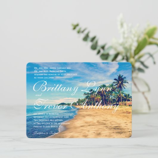 Palm Trees Beach Destination Wedding Invitations Kaart (Staand voorkant)