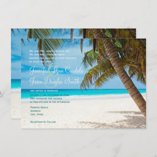 Palm Trees Beach Destination Wedding Invitations Kaart (Voorkant / Achterkant)