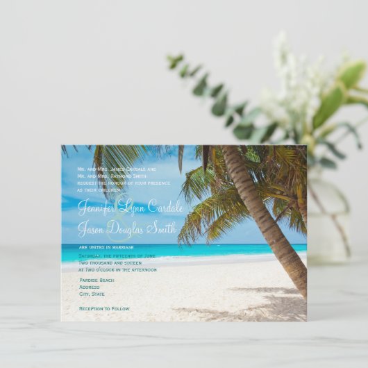 Palm Trees Beach Destination Wedding Invitations Kaart (Staand voorkant)
