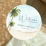 Palm Trees Beach Destination Wedding Welcome Ronde Sticker<br><div class="desc">Vier uw bruiloft met deze  stickers,  met waterverf palmbomen en uw aangepaste tekst. Voeg eenvoudig uw eigen gegevens toe door op de optie "personaliseren" te klikken.</div>