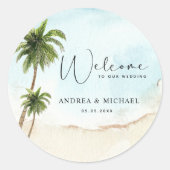 Palm Trees Beach Destination Wedding Welcome Ronde Sticker (Voorkant)