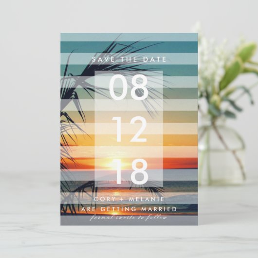 Palm Trees Beach Sunset Photo Save the Dates Save The Date (Staand voorkant)