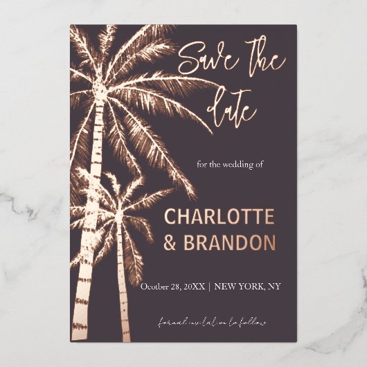 Palm Trees Beach Wedding Roos Gold Folie Uitnodiging