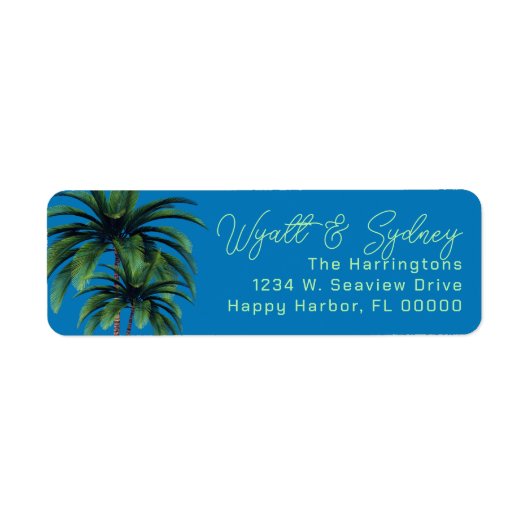 Palm Trees Blue Script Namen retouradres Etiket (Voorkant)