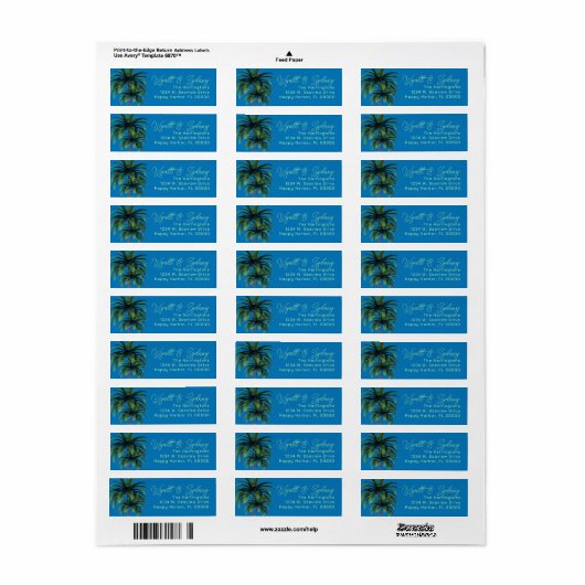Palm Trees Blue Script Namen retouradres Etiket (Full Sheet)