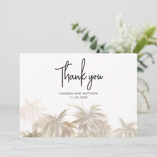 Palm Trees Coastal Hand-Lettered Wedding Bedankkaart (Staand voorkant)